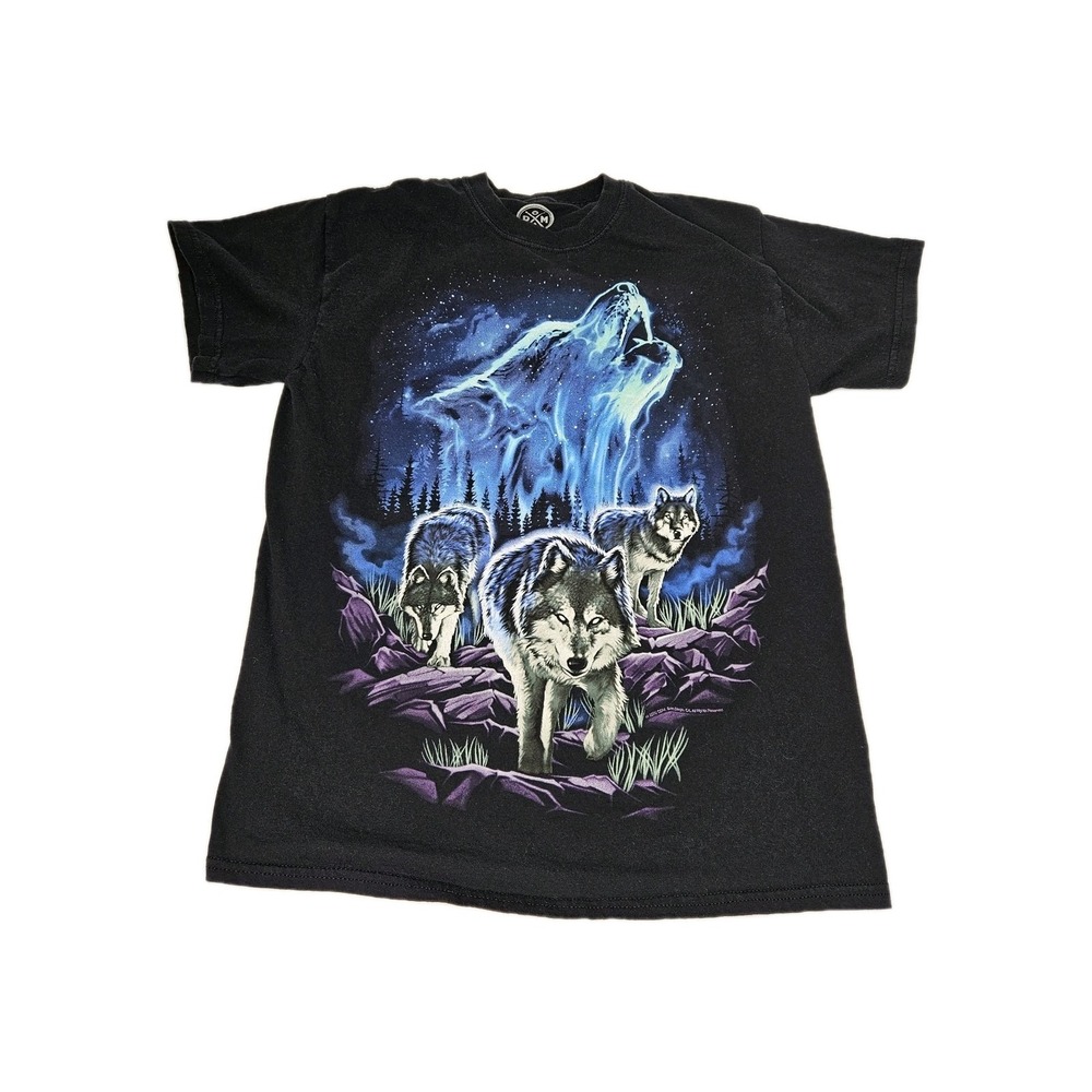 ODM Wolves in Northern Lights Graphic T Shirt Short Sleeve Tee Black Sz Medium